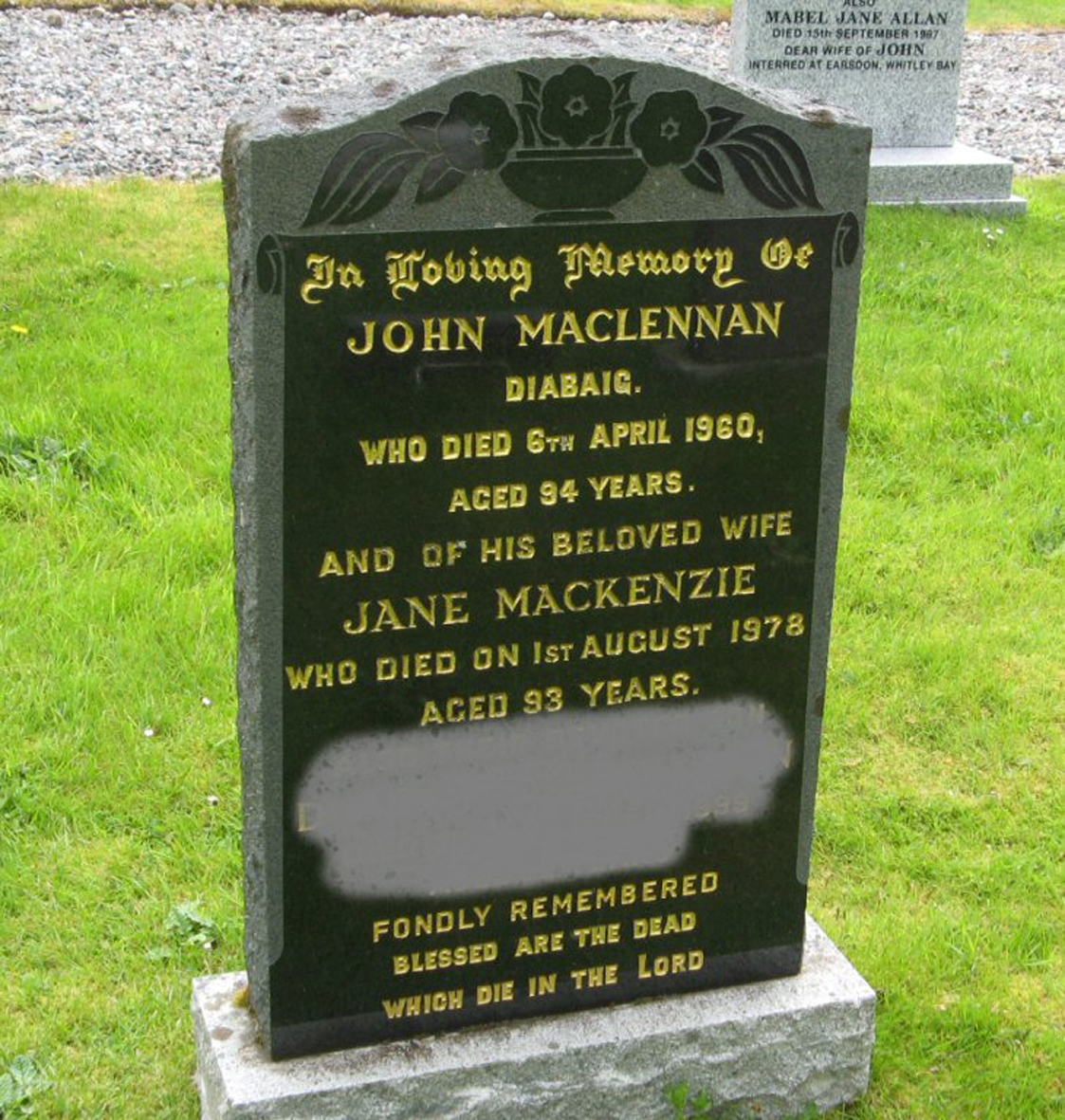 Photo of headstones/John MacLennan died 1960 MI Gairloch New1